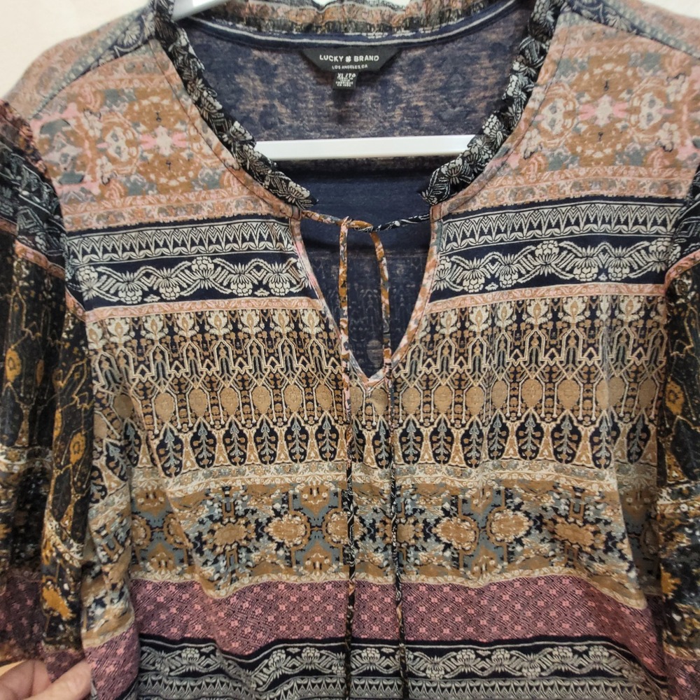 Lucky Brand Womens XL Mixed Border Print Boho Ruffle Tie Neck 3/4 Sleeve Blouse - Picture 3 of 11